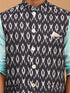 Vastramay Men's Black Ikkat Printed Cotton Nehru Jacket With Aqua Blue Kurta And White Pyjama Set